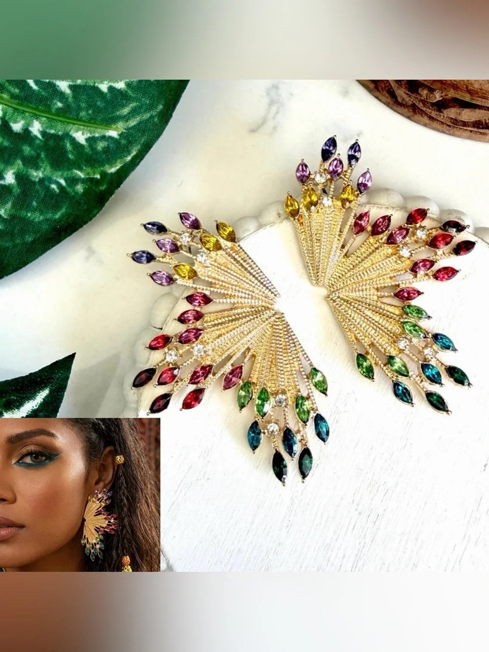 Colorful Rhinestone Starburst Fan Gold Earrings Statement Jewelry Art Deco NEW